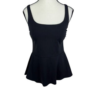 Lands' End Swin Tankini Top Womens 6 Black Scalloped Square Neck Peplum Beach